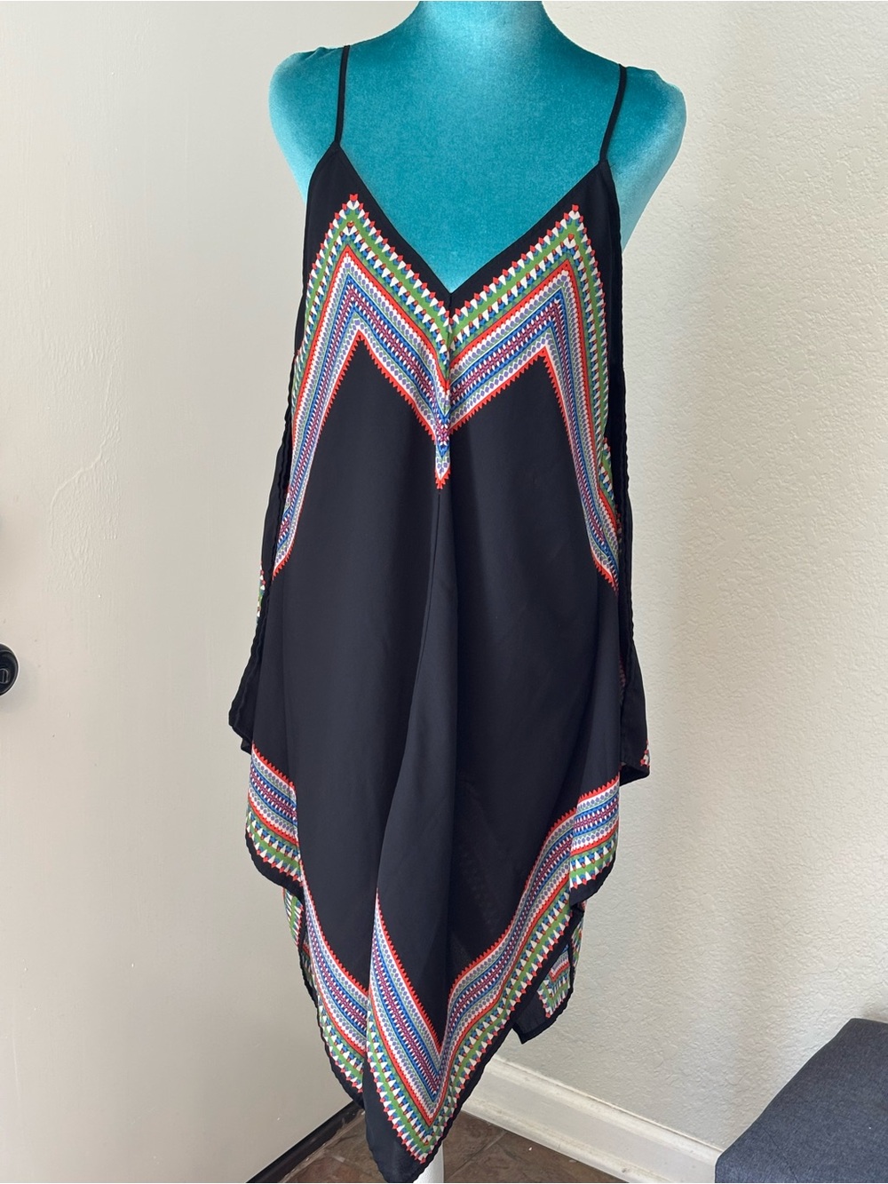 Lily White black handkerchief dress/colorful pattern beach resort, euro summer.